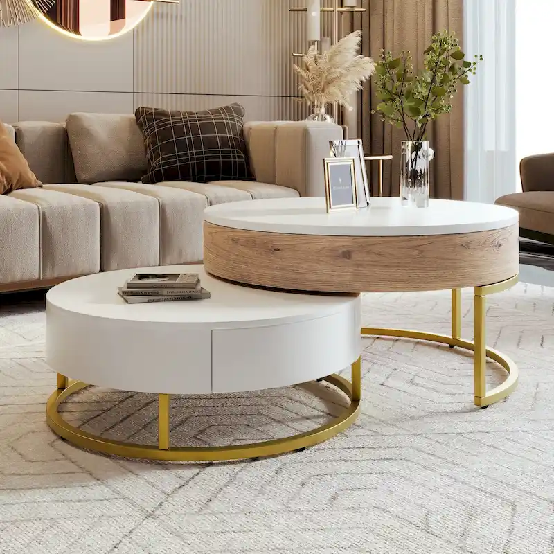 Modern Round Lift-Top Nesting Coffee Tables with 2 Drawers, Hydraulic Mechanism, MDF, White & Black