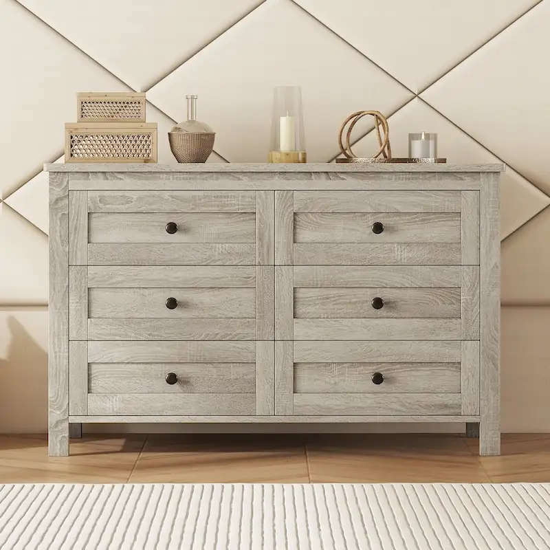 Retro Farmhouse Style Wooden Dresser with 6 Drawer, Storage Cabinet for Bedroom
