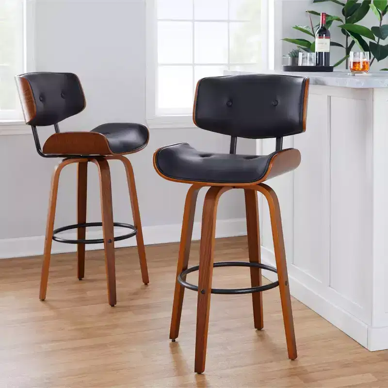Set of 2 Lombardi Barstools Walnut/Black - LumiSource: Mid-Century Fixed-Height, Tufted, 30.5" Seat