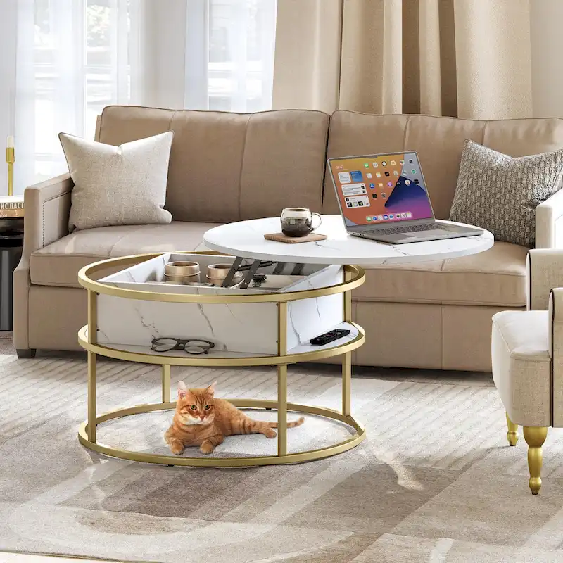 Round Lift Top Coffee Table White Marbling Top and Gold Frame