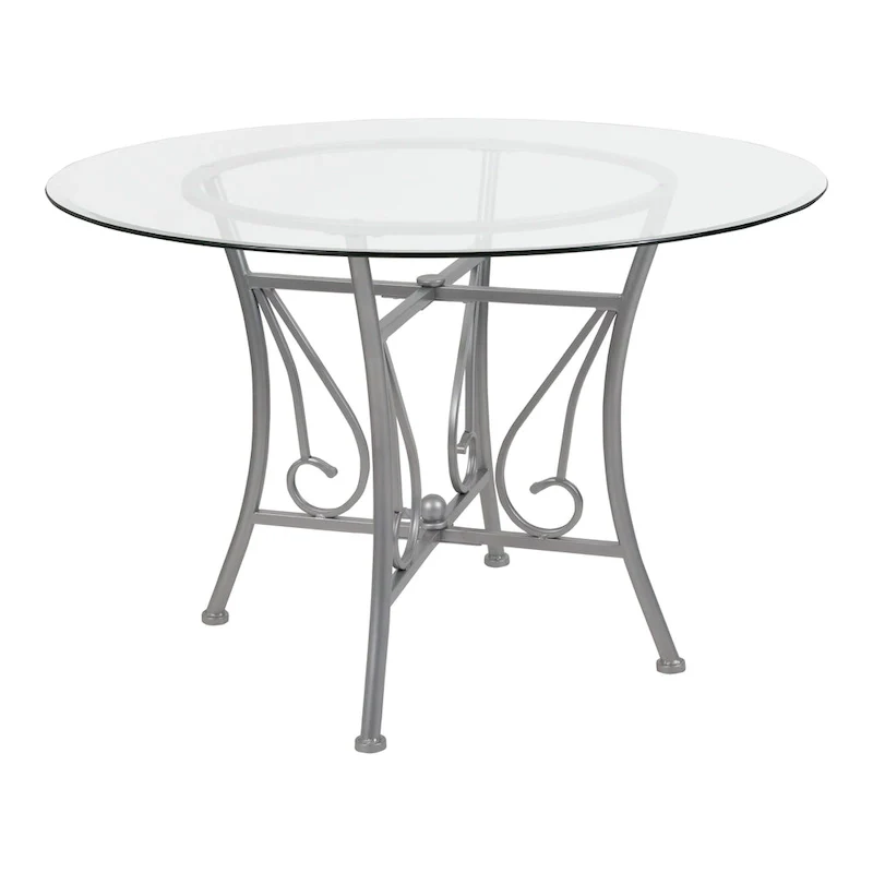 45 Round Glass Dining Table with Curl Accent Matte Metal Frame - 45W x 45D x 29H - 45W x 45D x 29H