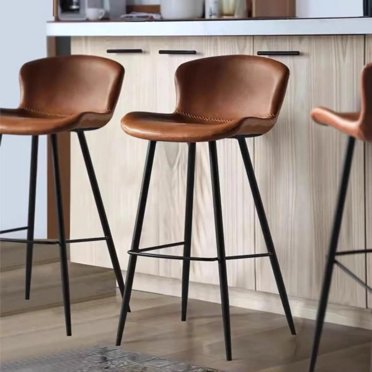 Brown Leather Saddle Seat Low Back Bar Stool