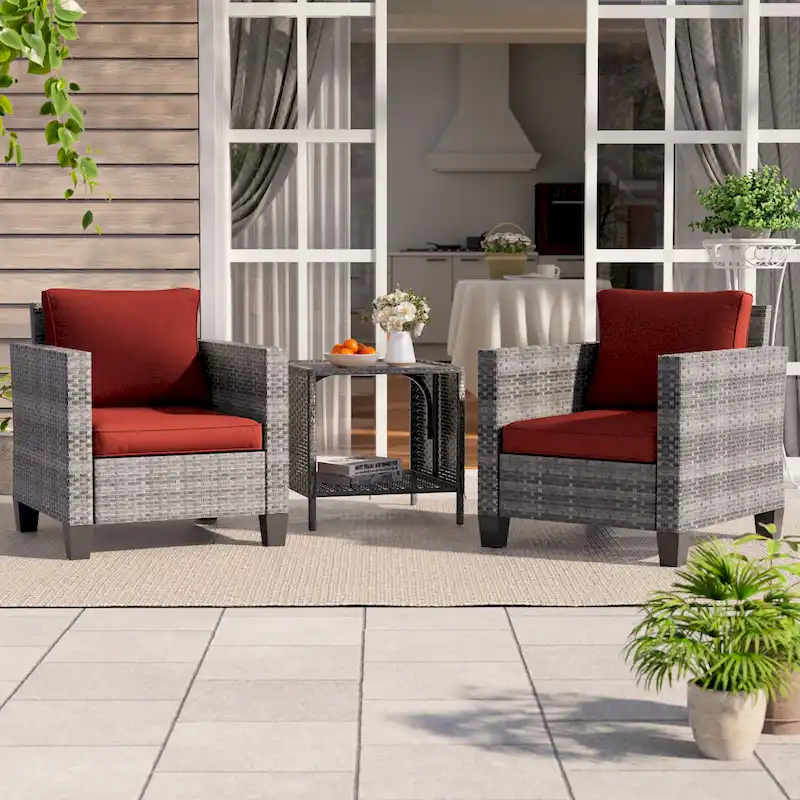 BONOSUKI 3-Piece Patio Sofa Set Grey Rattan with Side Table