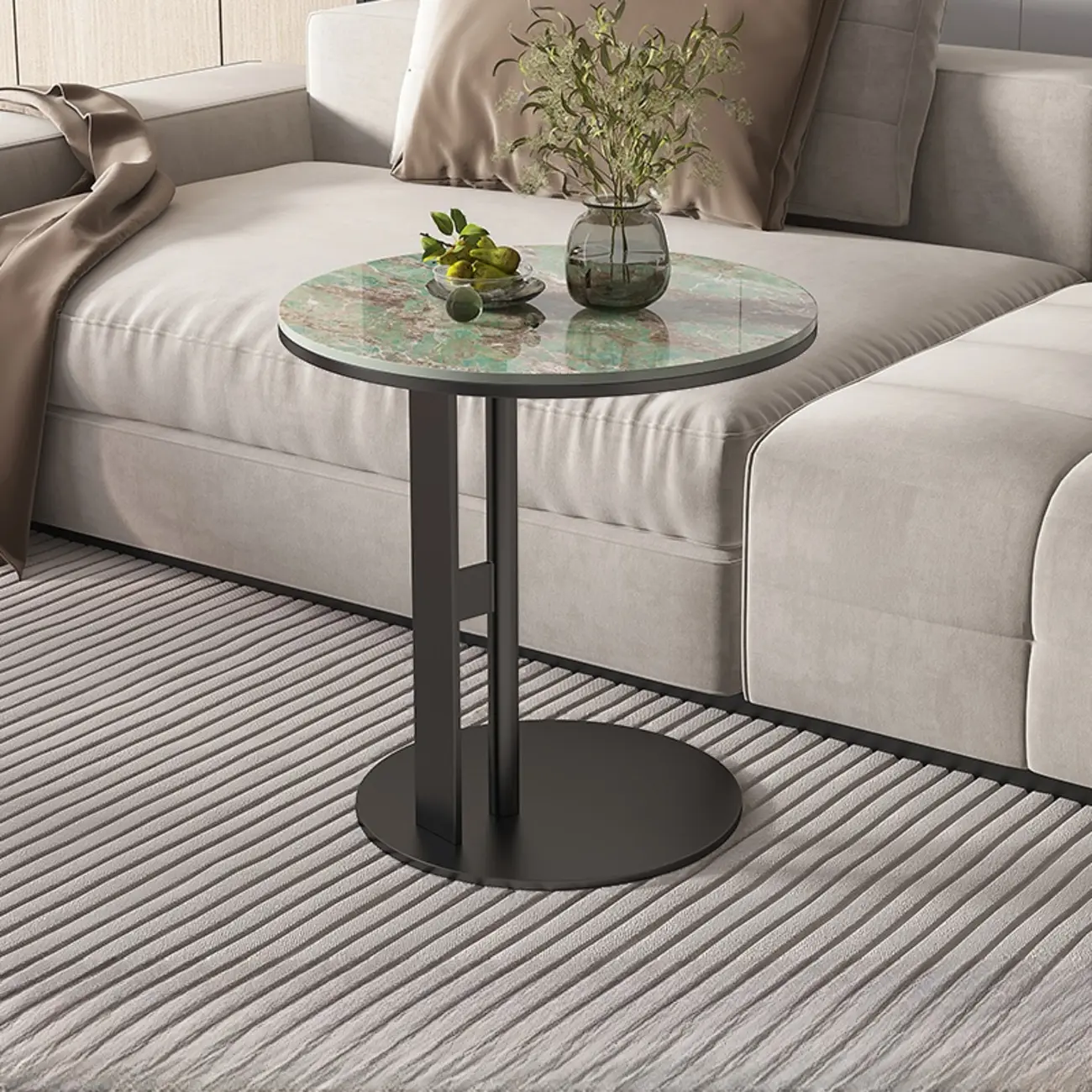 Modern C Shaped Round Sintered Stone Top Steel End Table