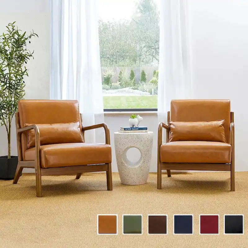 Glitzhome Set of 2 30.75 H Mid-Century Modern PU Leather Accent Chairs with Cushion - 25.75 W x 33.75 D x 30.75 H