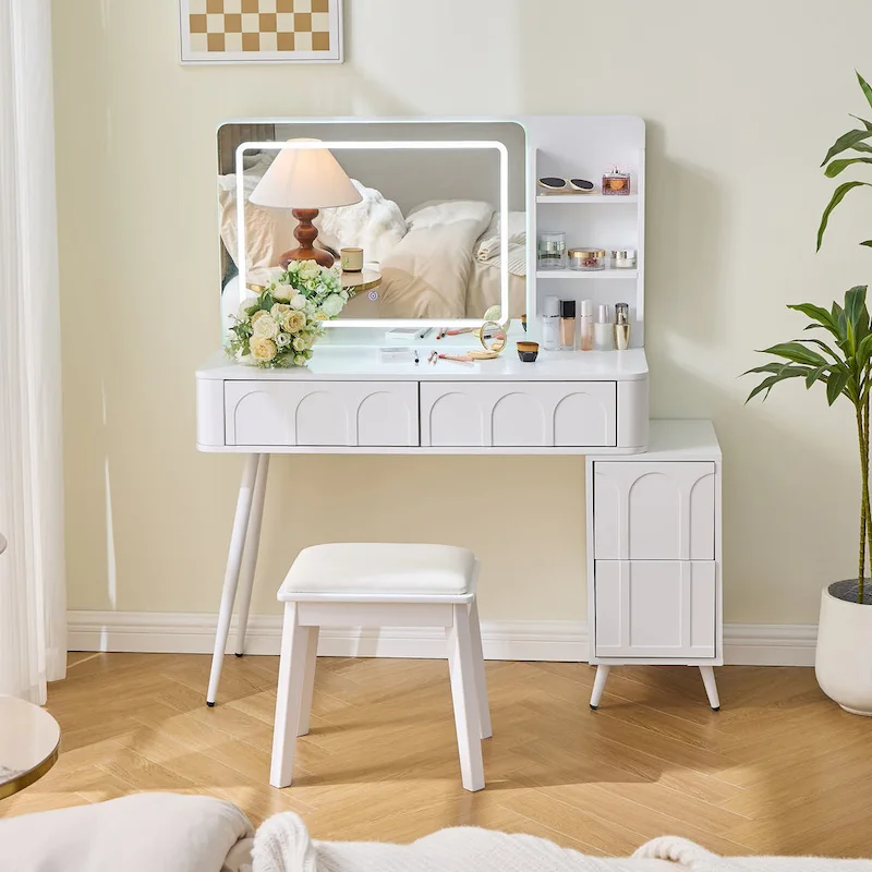 Modern Makeup Vanity Desk with LED Lights & Mirror, 4 Drawer Dressing Table Set with Stool, 3 Colors Dimmable Brightness