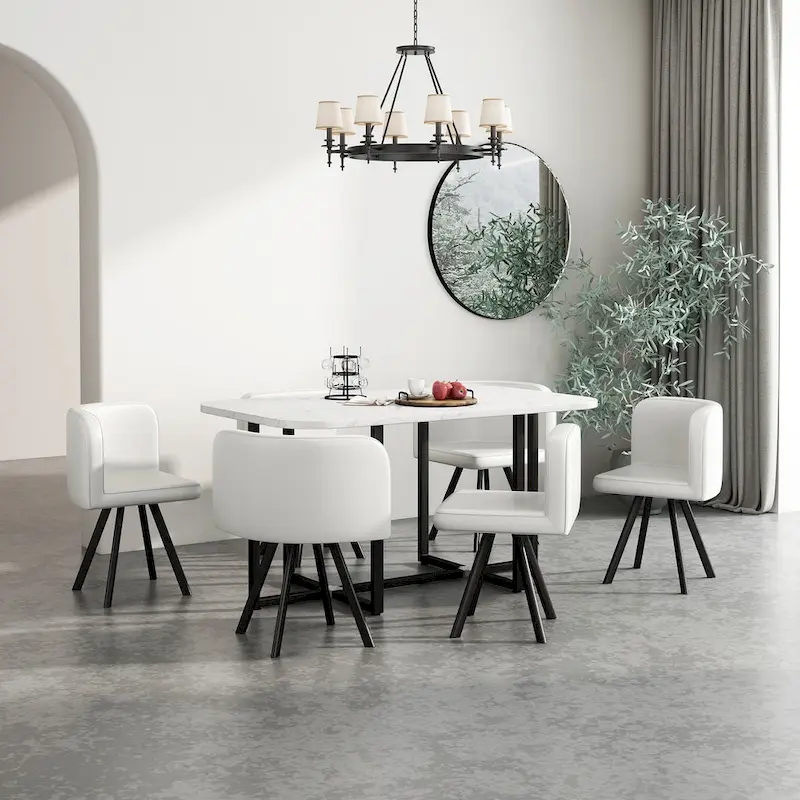 Modern 7-Piece Dining Set with Rectangular Marble Table & 6 Upholstered Chairs