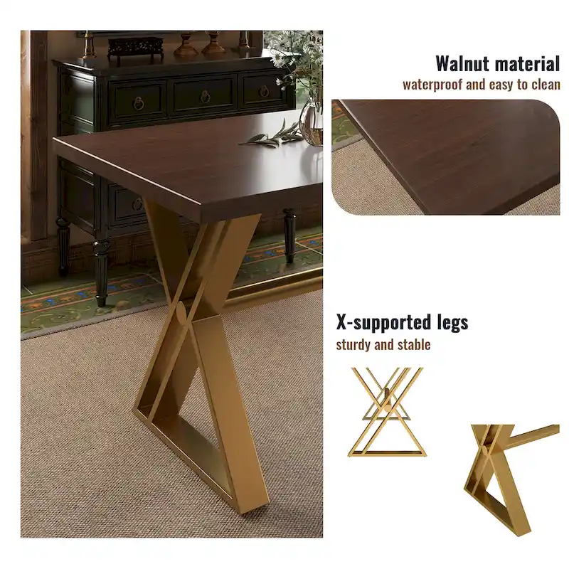 7-Piece  Walut Wood Dining Table with Velvet Chair Dining Chair