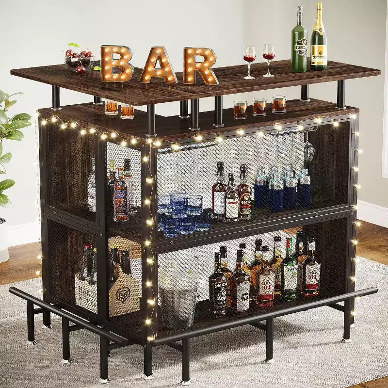 Home Bar Unit: L-shaped with stemware racks, 2-tier shelves, corner mini cabinet, footrest, rustic brown, suitable for home/kitchen/pub.