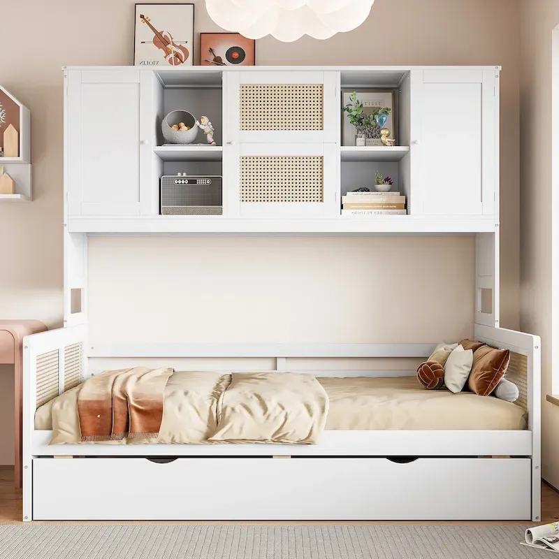 Large Bookcase Daybed Wooden Bed with Trundle and Top Storage Cabinet