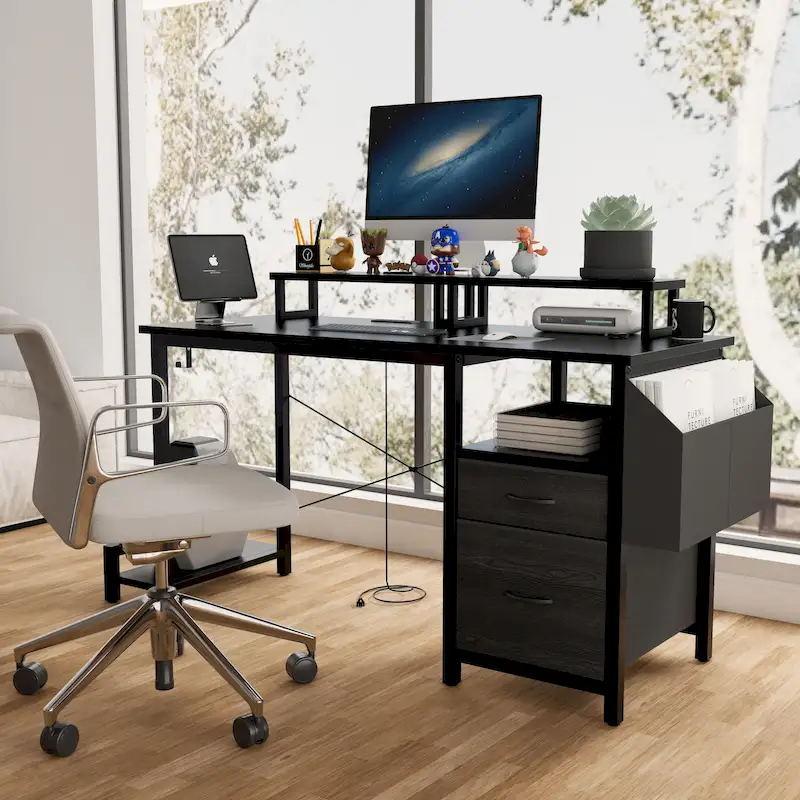 Modern Computer Office Desk with Power Station and Dual Monitor Stands and 2 Drawers for Home Office or Study Organization