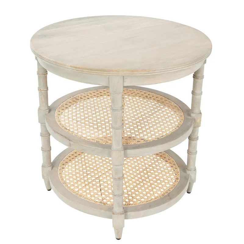 Round Mango Wood Table with 2 Cane Shelves