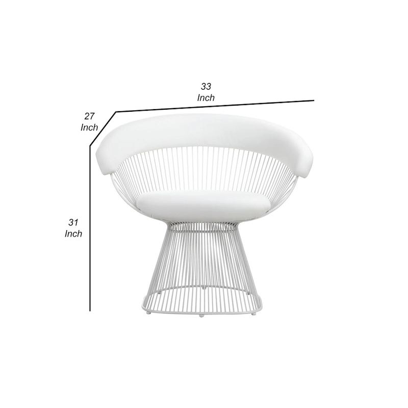 Coll 33 Inch Accent Chair, Slatted Metal Curved Back, White Faux Leather