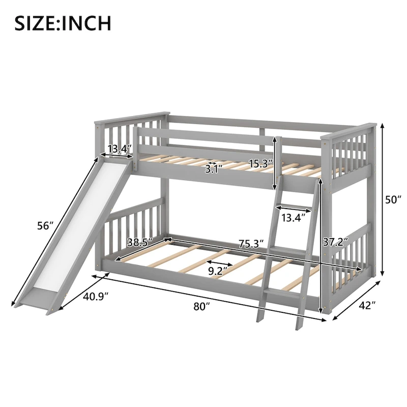 Bunk Bed with Convertible Slide and Ladder, Grey/White