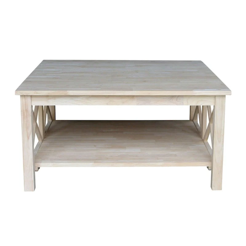 Square Unfinished Solid Wood Coffee Table with Bottom Shelf - 36 in. W x 36 in. D x 18 in. H.