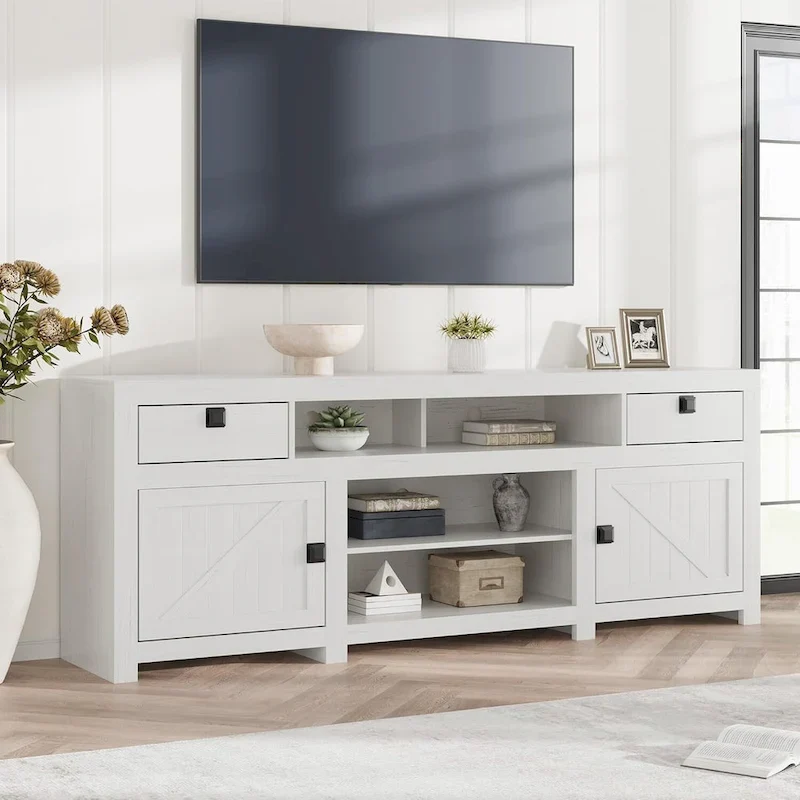 Farmhouse TV Stand with Drop-Down Cabinets & Open Shelves – Grey, Fits up to 80 in.