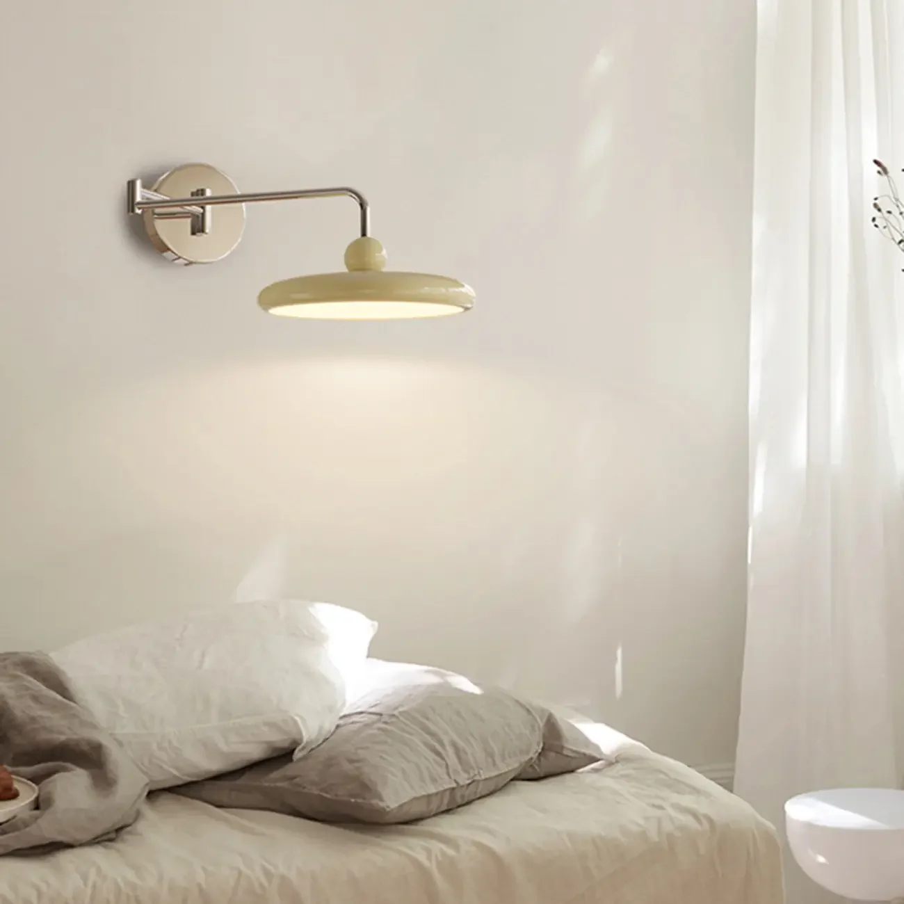Modern Beige Swing Arm Wall Light with Round Shade