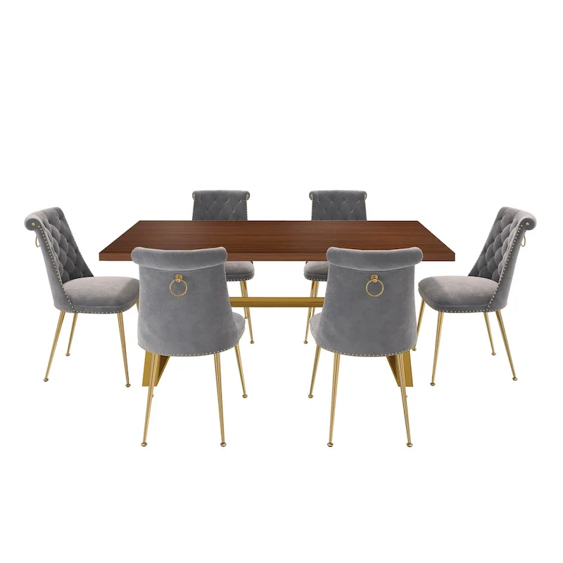 7-Piece  Walut Wood Dining Table with Velvet Chair Dining Chair