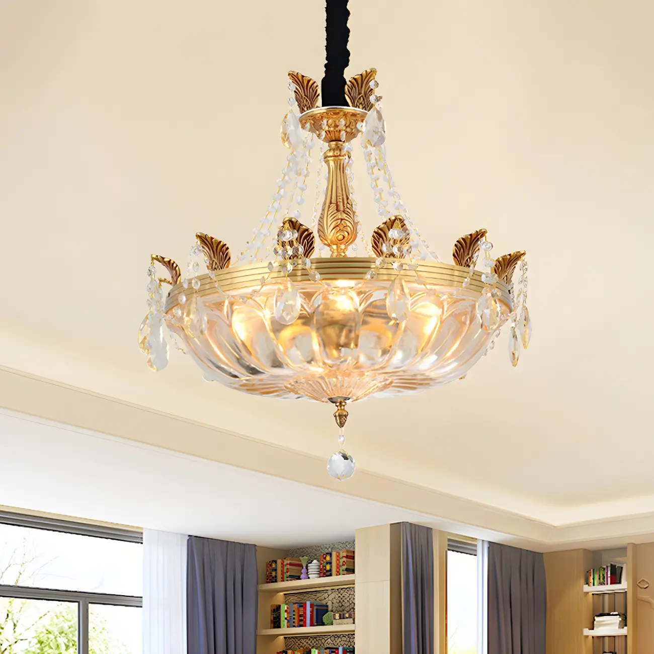 Luxurious Brass Crystal Bowl Bean Chandelier