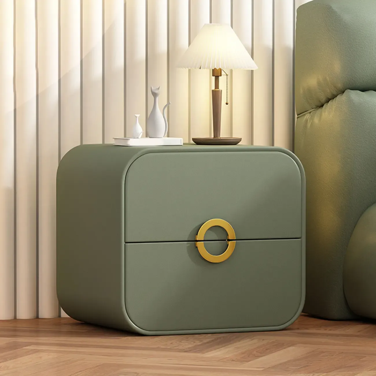 Modern Faux Leather Gold Ring Handle Nightstand with 2 Drawers