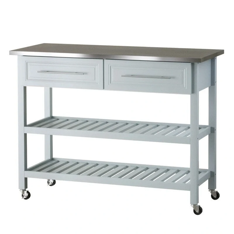Light Gray Rolling Kitchen Island 2 Drawers Storage with Stainless Steel Top - 47.25 inches L x 19.75 inches W x 36 inches H