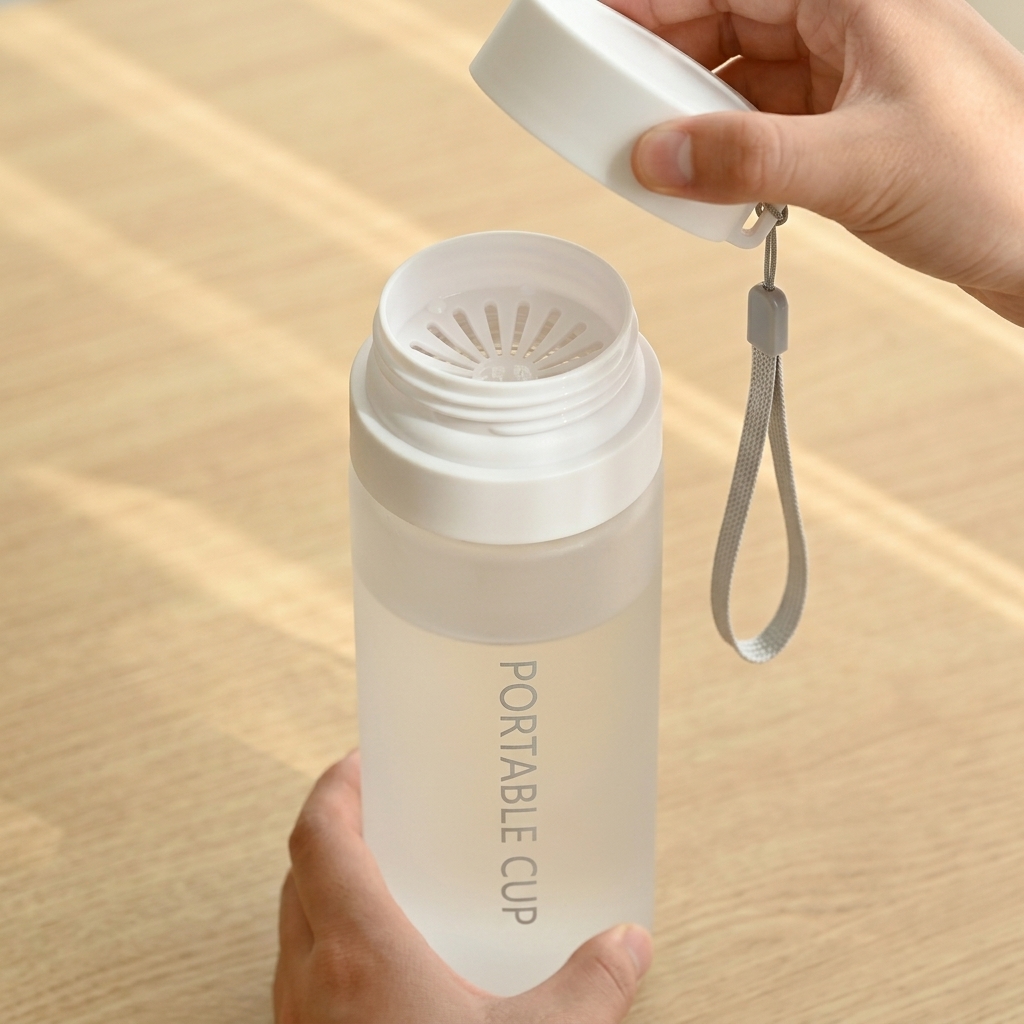 600ML Frosted White Water Bottle with Tea Infuser and Carry Lanyard