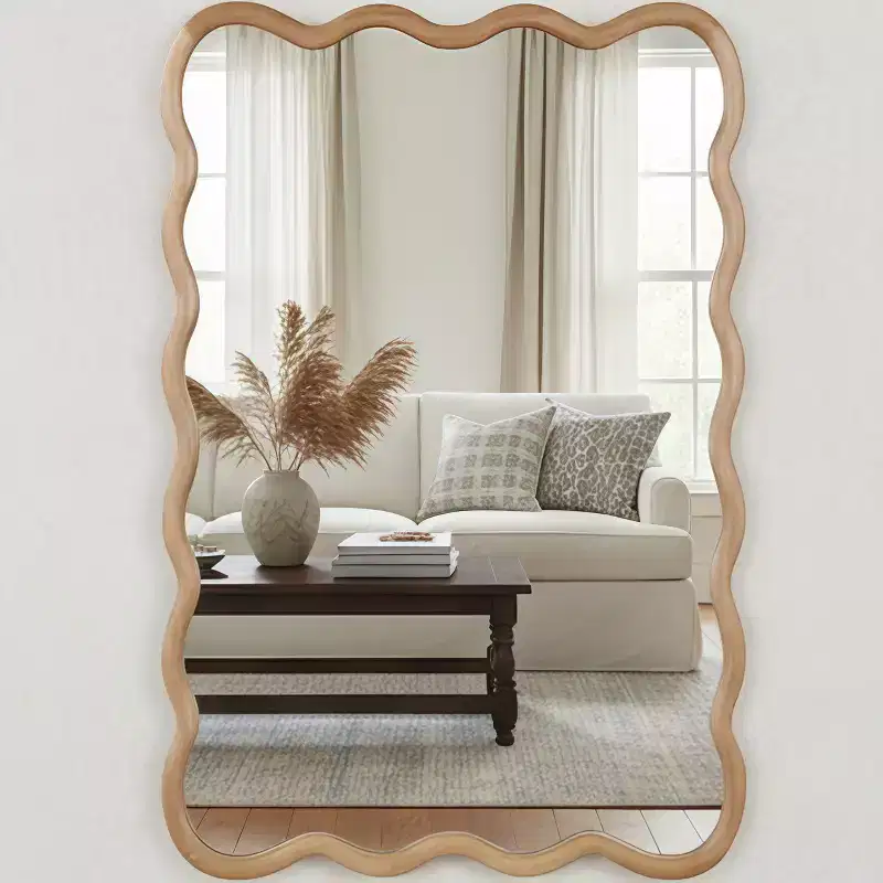 24 x 36 Wavy Rectangle Solid Wood Frame Decorative Mirror for Bedroom Bathroom Living Room Natural Wood