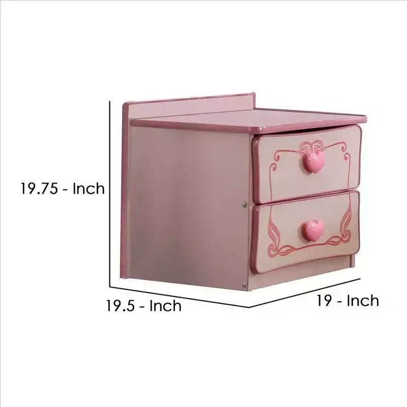 Royal Hampton 2 Drawer Wooden Nightstand with Heart Knob Pulls, Pink