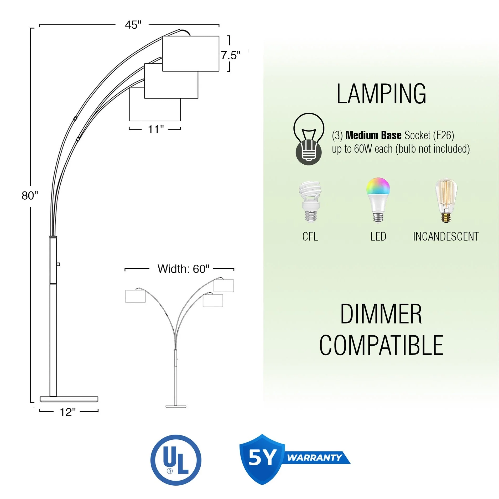Akira 79 Modern 3-Light Arc Floor Lamp with 3-Way Switch