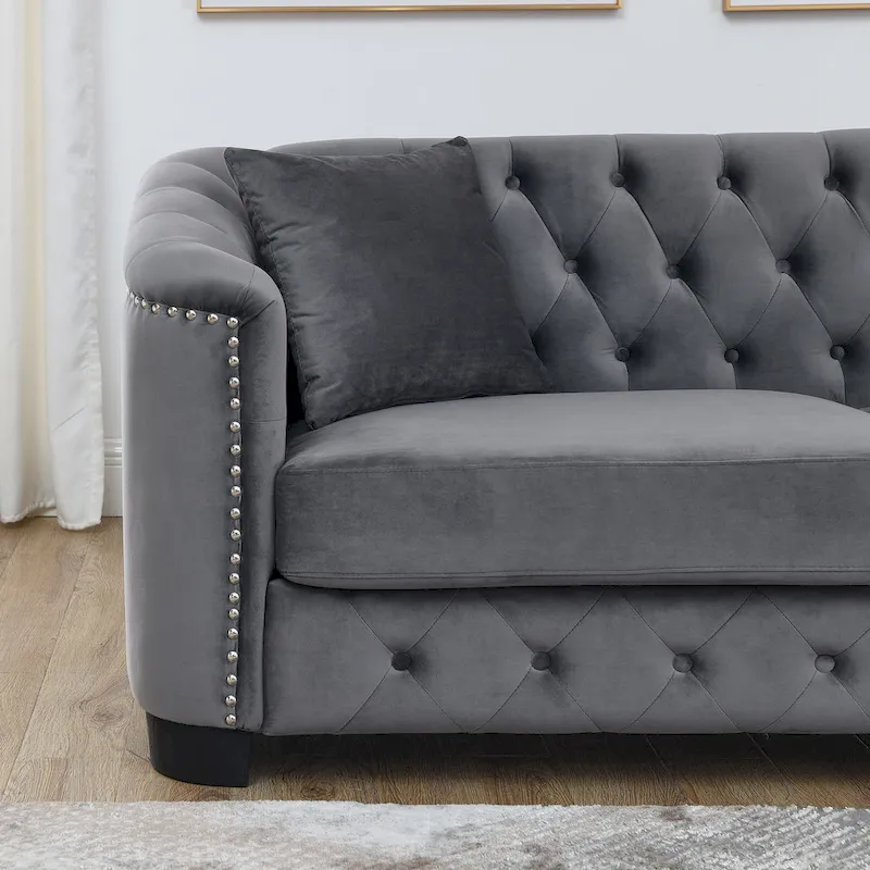 Grey 77 Modern Velvet 3-Seater Sofa with Tufted Backrests and Nailhead Trim