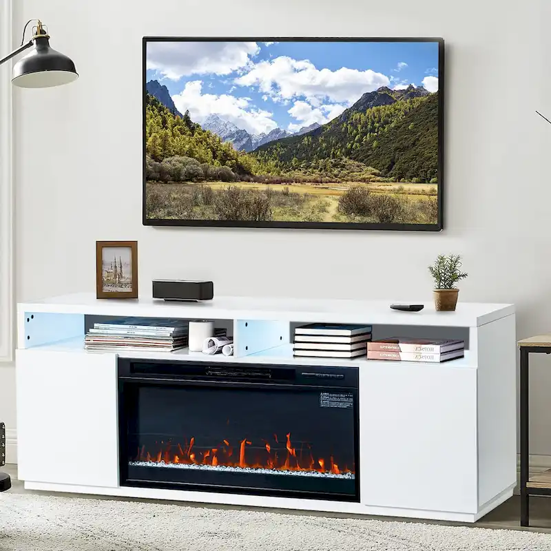 68 Modern RGB LED White TV Stands Console with 36 Fireplace