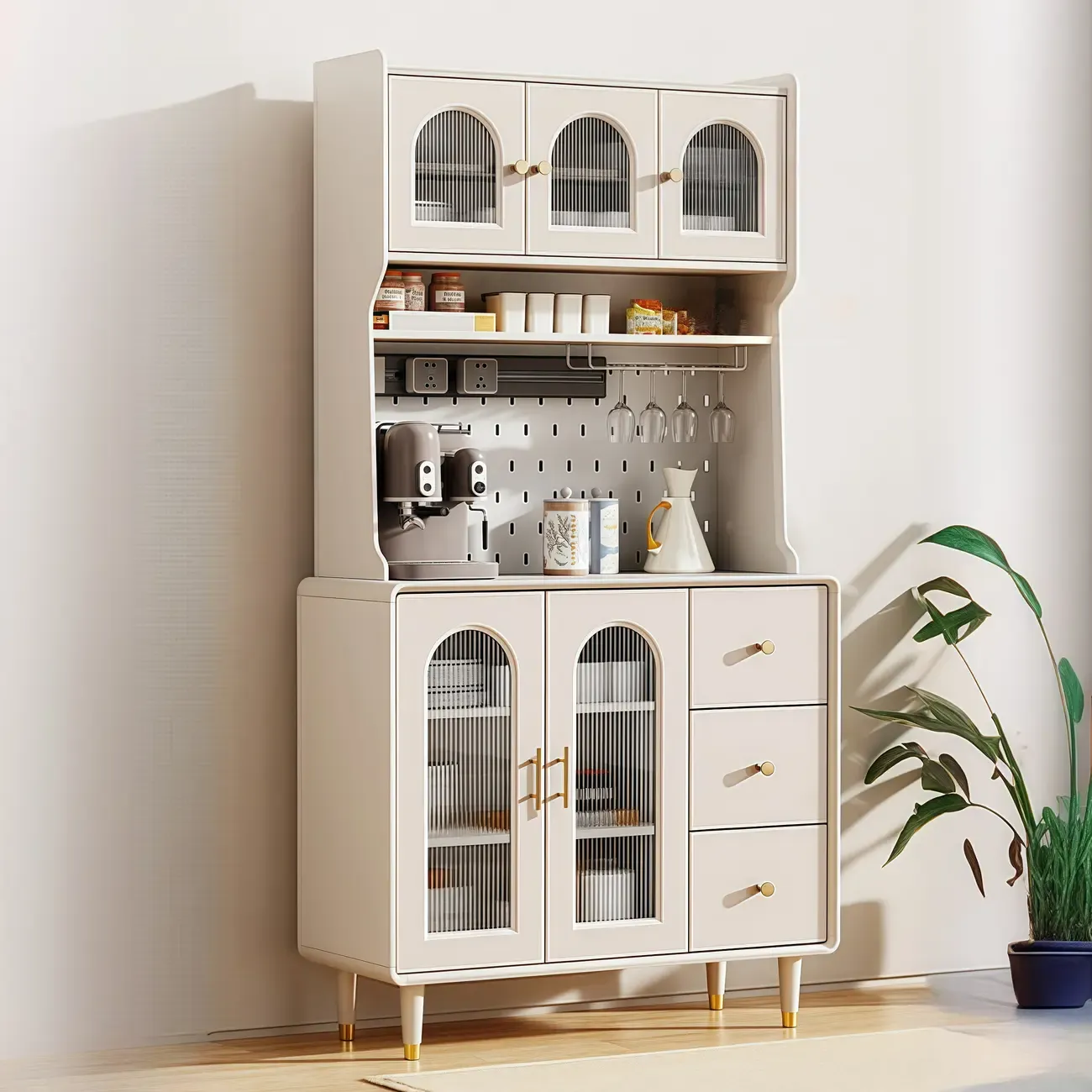 Multi-Functional White Wood Arched Glass Door Sideboard Cabinet