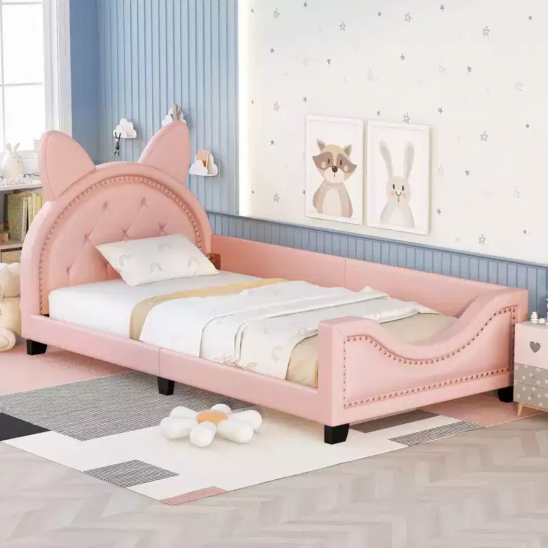 Twin Size Carton Daybed for Kids, PU Leather Daybed Frame with Ears Shaped Headboard and Rivet Decoration for Girls Boys, , Pink