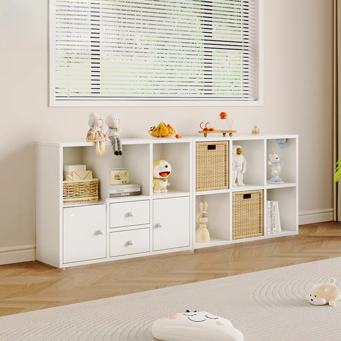 Horizontal Wood Nut-Brown Cube Bookcase with Drawers