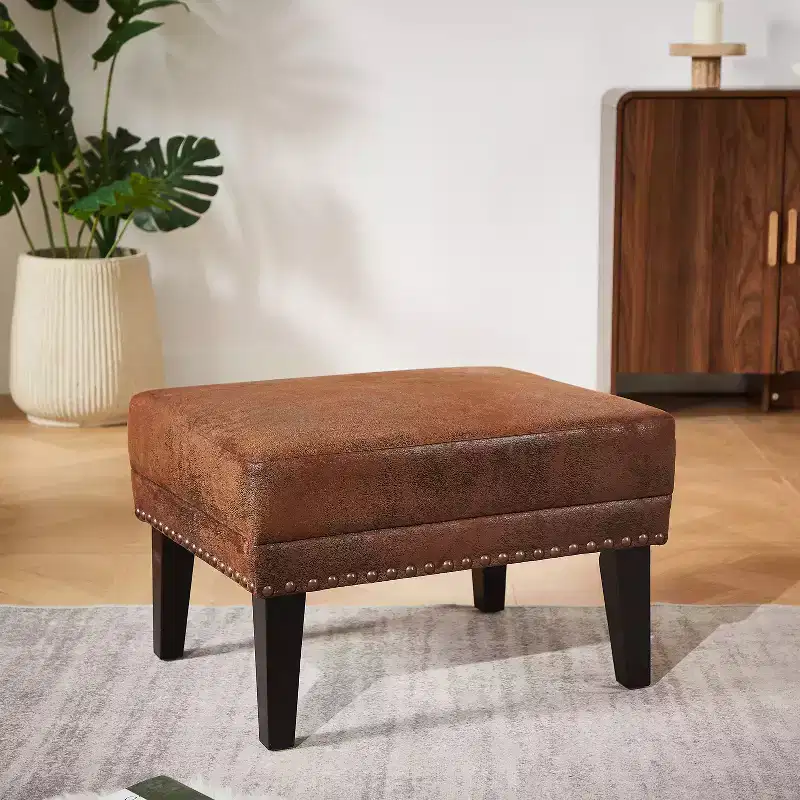 Gray Upholstered Rectangle Ottoman with Nailhead Trim – Seats 1