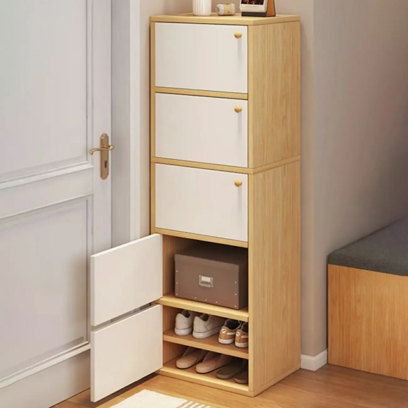 5-Tier Modern Oak Entryway Shoe Cabinet with Doors