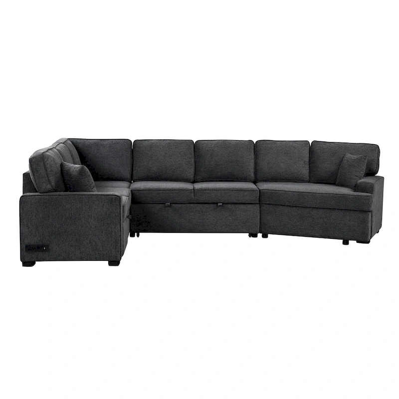 Black 126 L-Shaped 6-Seater Sofa with Pull-Out Bed and Cup Holders