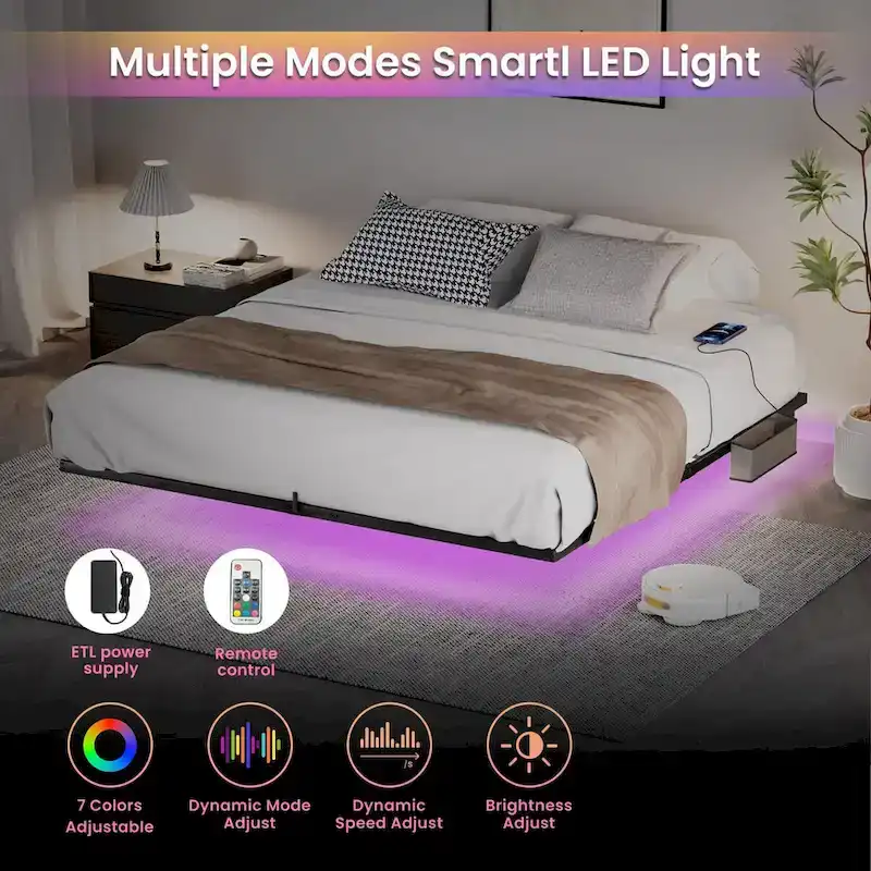 Modern Floating Bed with LED Lights, Charging Station & Metal Frame