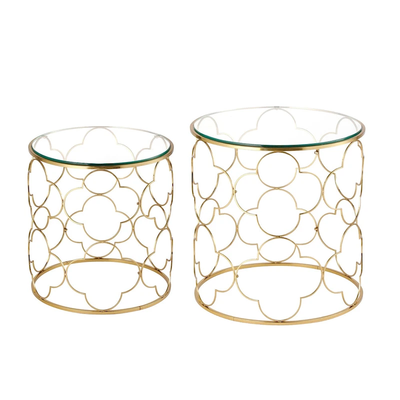 Coffee Table Set of 2 with Glass Top and Metal Wire, Round Side End Table