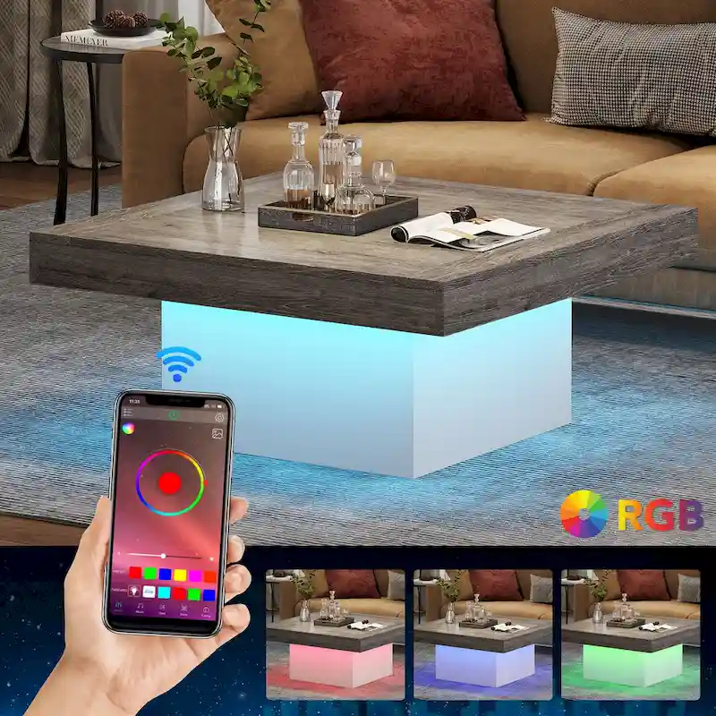 Square Coffee Table with LED Edge Lighting and Open Shelf