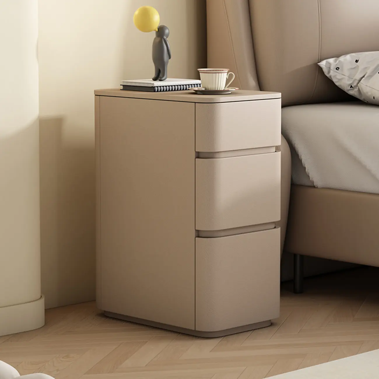 Narrow Leather Wood 3-Drawer Black Nightstand