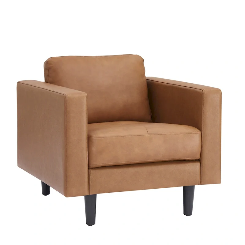 Genuine Leather Accent Chair, Black/Tan, Mid-Century Modern, High-Density Cushion, Seats 1