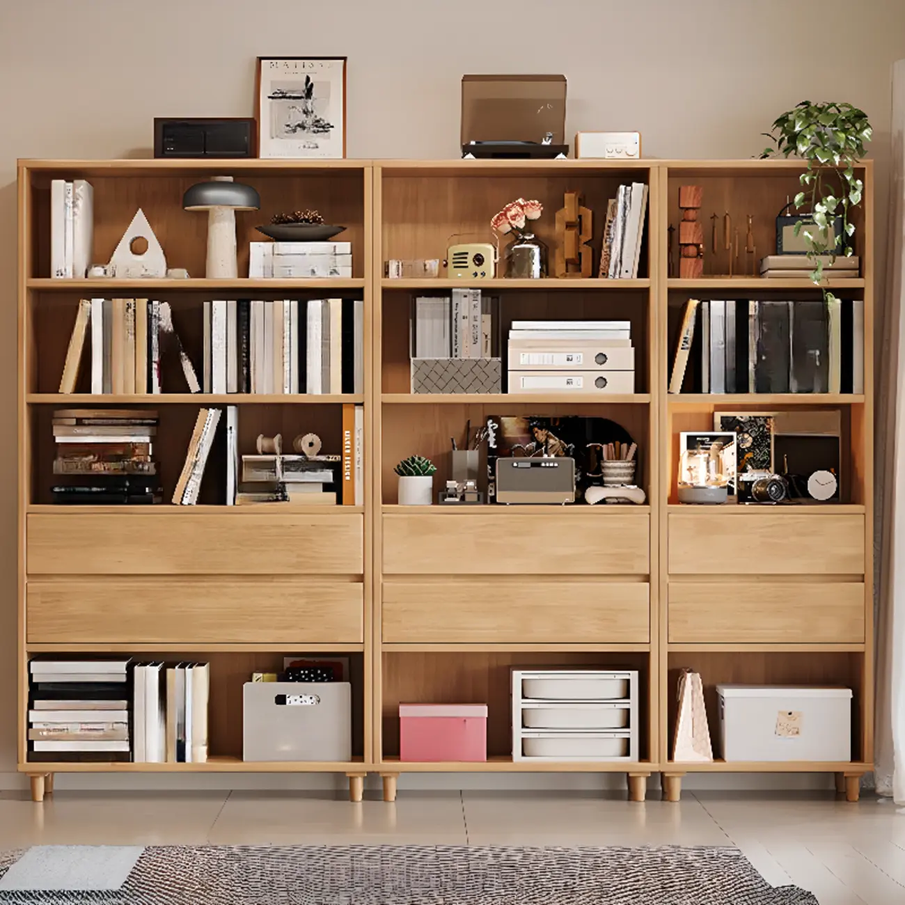Spacious Versatile Vertical Brown Wood Bookcase with Drawers