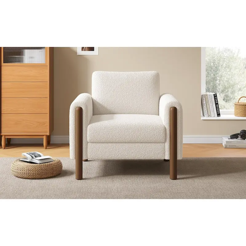 White 33.5 Upholstered Accent Chair with Walnut Legs