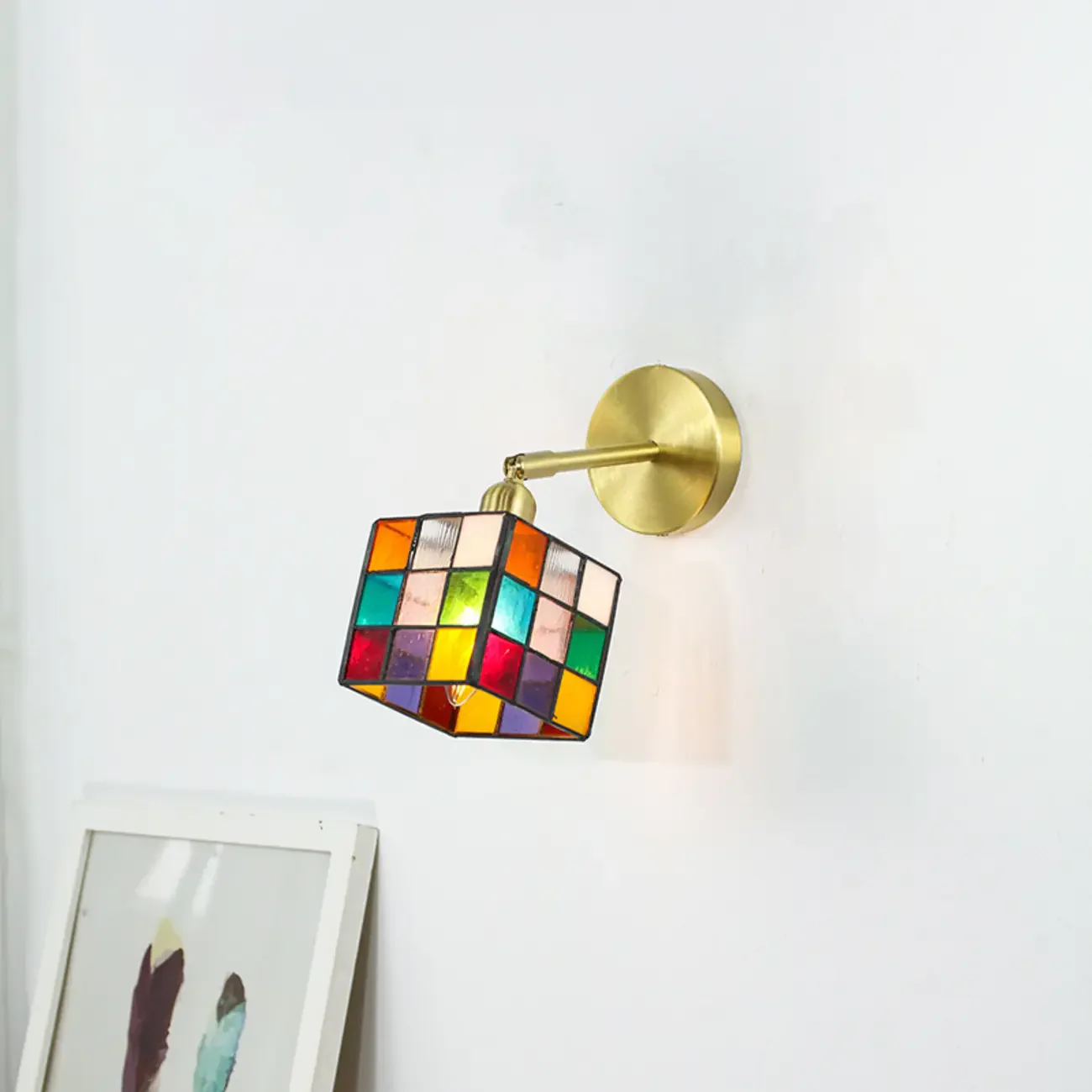 Vintage Brass Colorful Cube Shade Wall Sconce