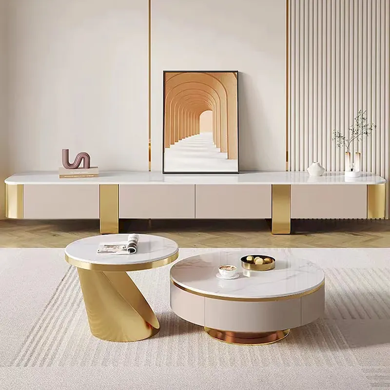 78.7 Modern TV Stands, White Glossy sintered stone top, gold legs, 4 Drawers - 78.74