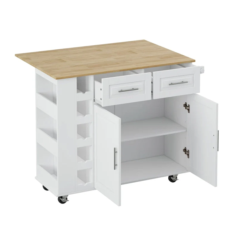 Foldable Kitchen Island Cart with Spice Rack, Towel Holder & Wine Rack