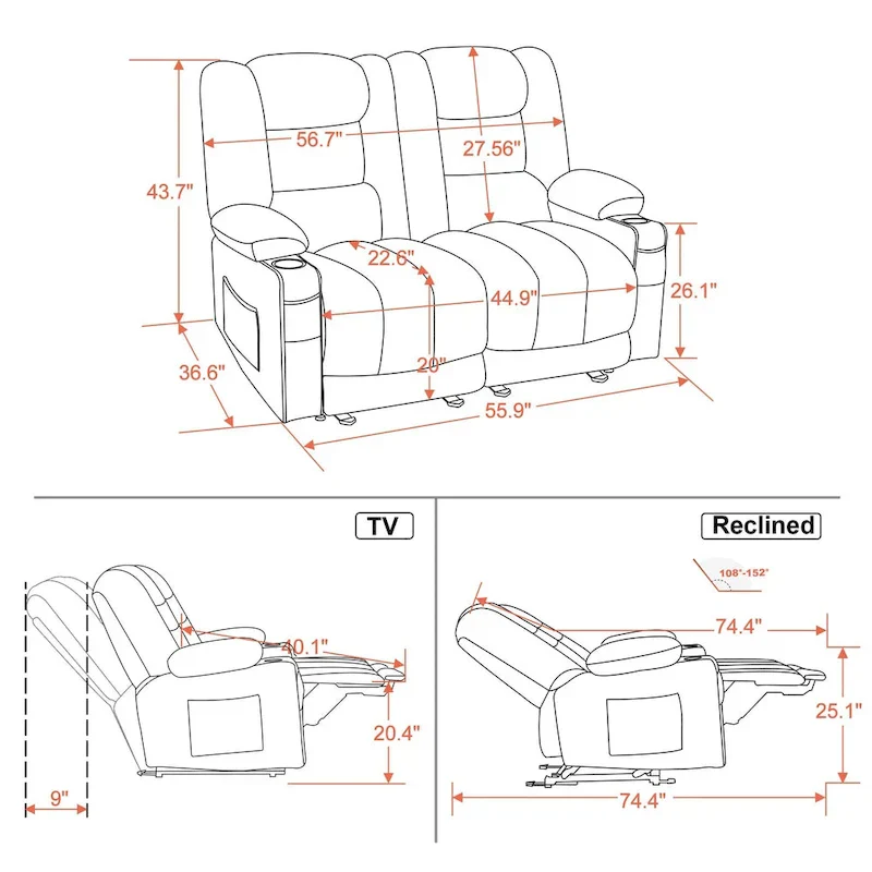 MCombo Power Reclining Loveseat Sofa with Heat and Massage, Fabric PR648