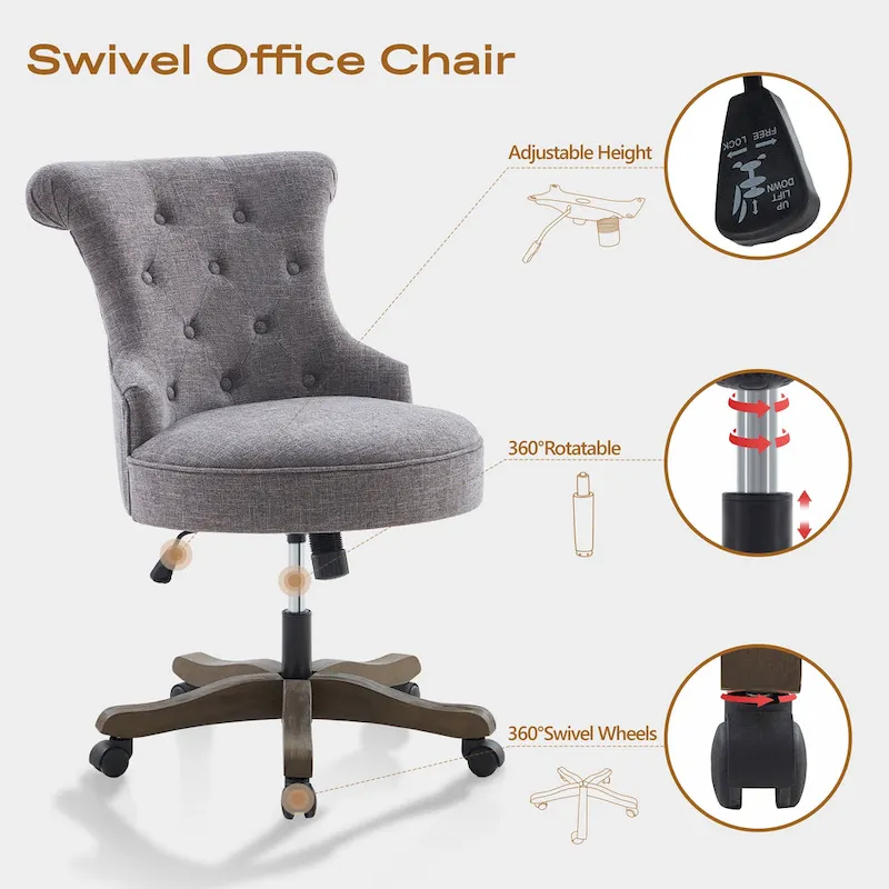 Office Chair with Wheels, Adjustable Height, Linen Fabric Upholstered Computer Desk Chair Swivel