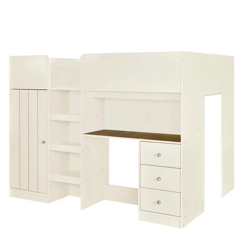 Full Solid Wood Loft Bed with Wardrobe & Desk